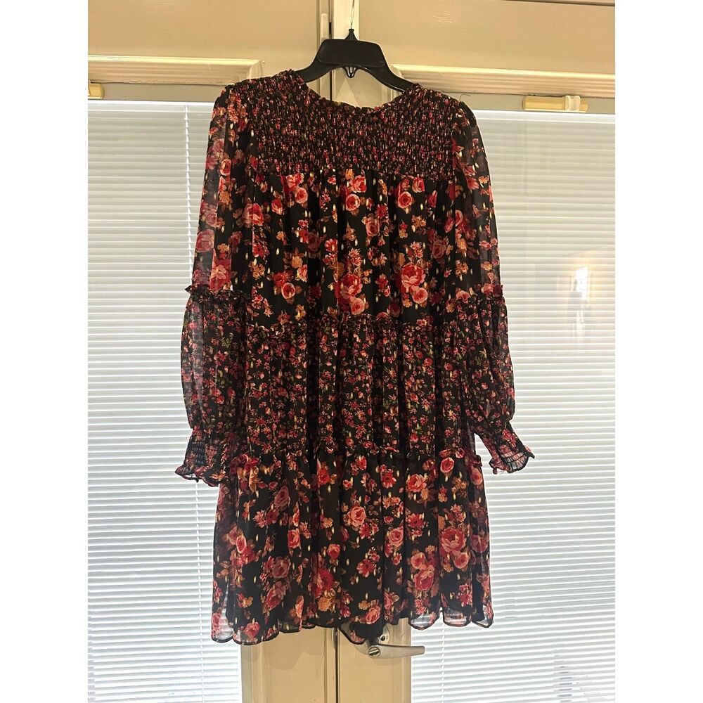 CeCe Black Floral Smocked Long Sleeve Tiered Dress Metallic Dot Medium